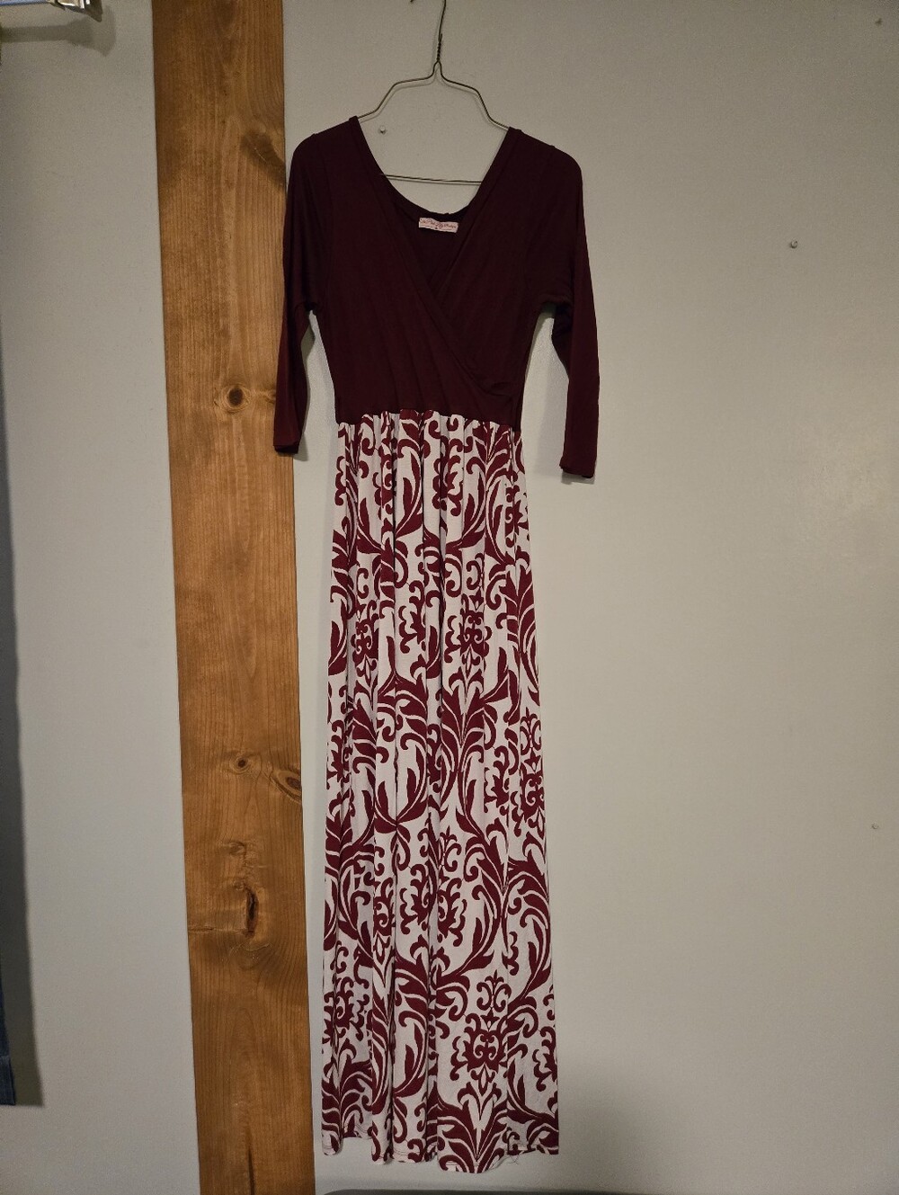 Burgundy and White Maxi Dress with Wrap Bodice